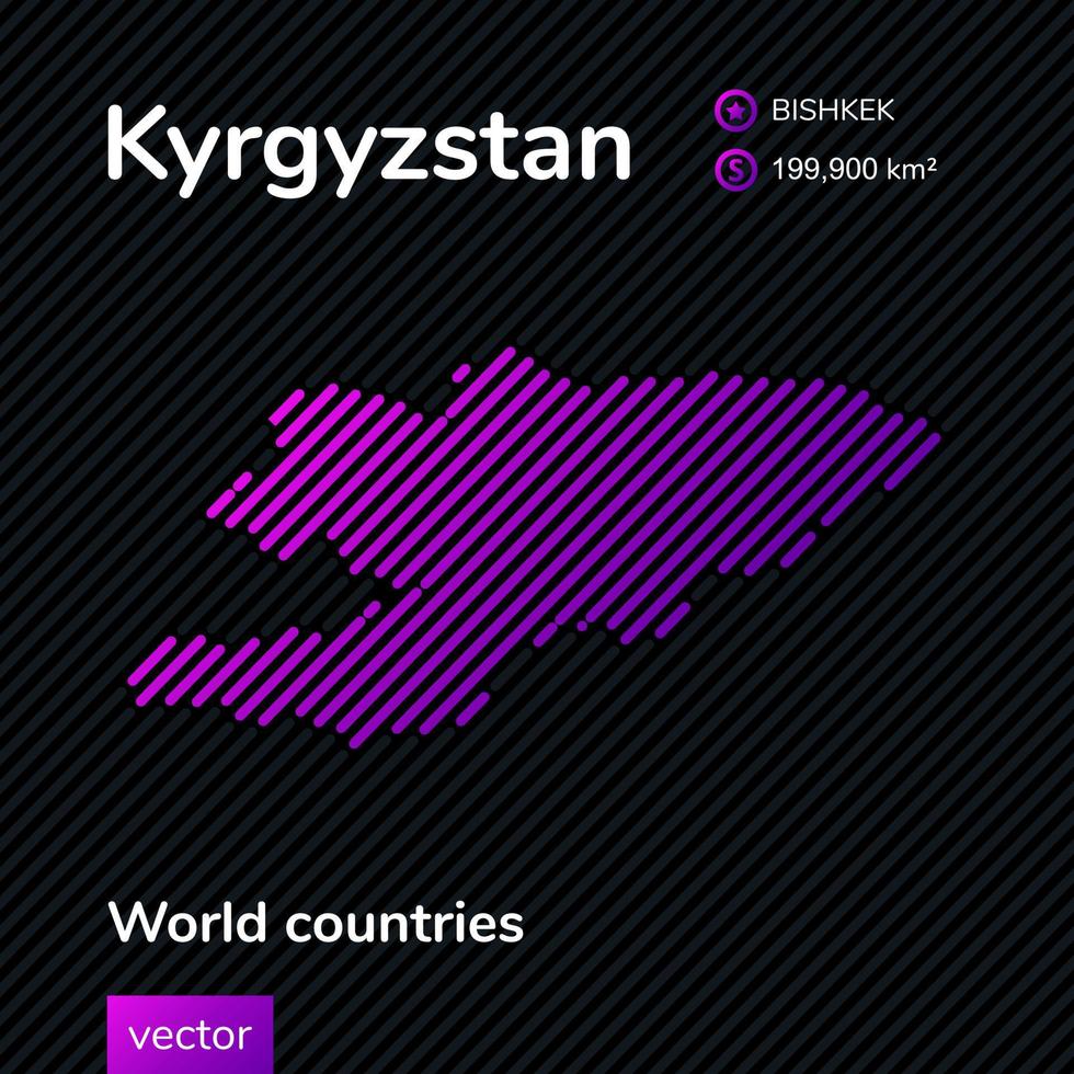 Carte plate vectorielle du Kirghizistan avec texture rayée violette, violette, rose sur fond noir. bannière éducative, affiche sur le Kirghizistan vecteur