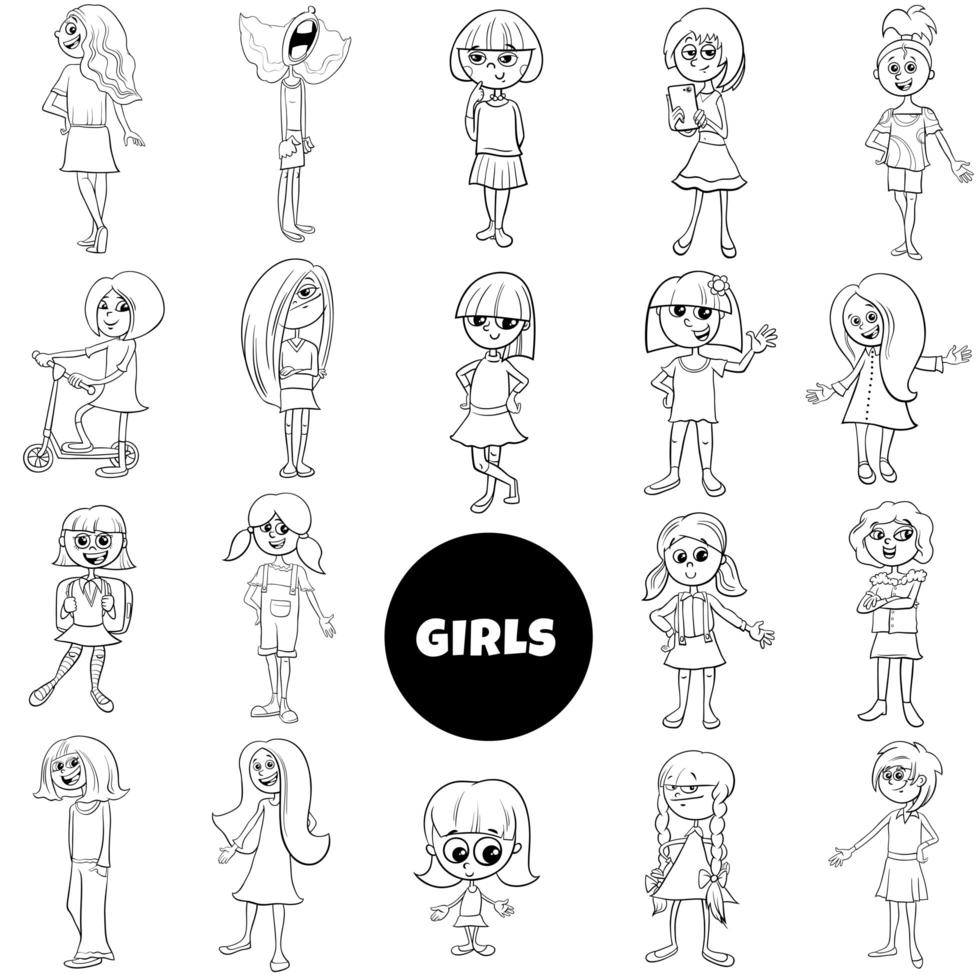 grand ensemble de personnages de filles de dessin animé noir et blanc vecteur