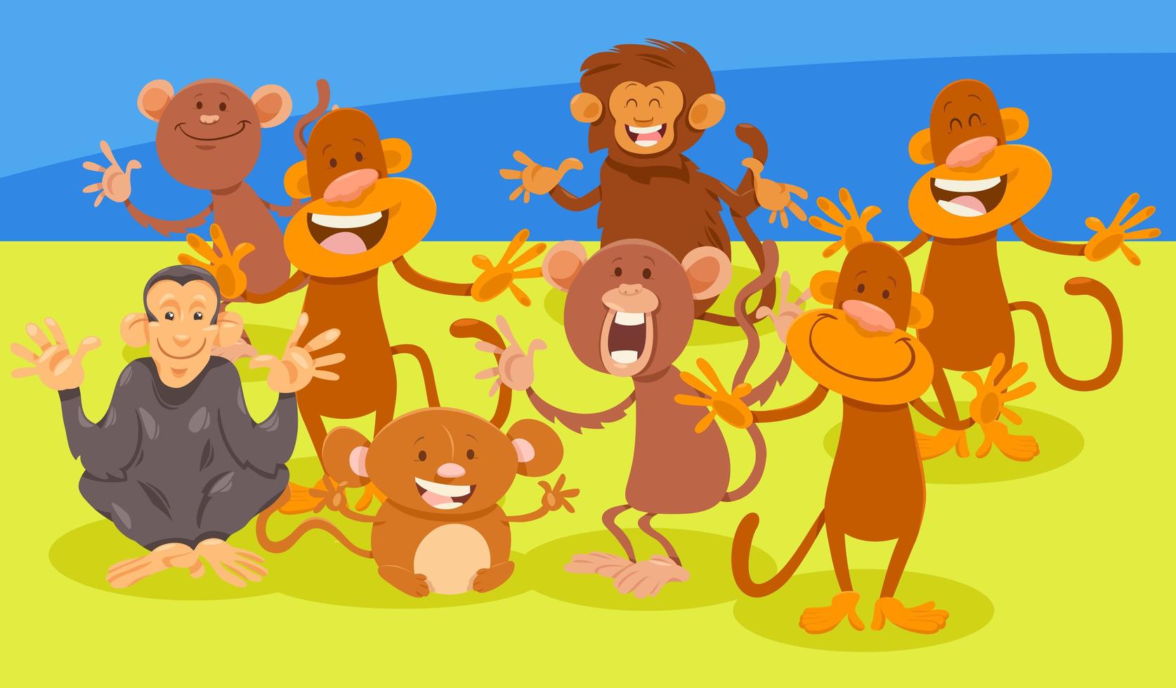groupe de personnages animaux singes de dessin animé vecteur