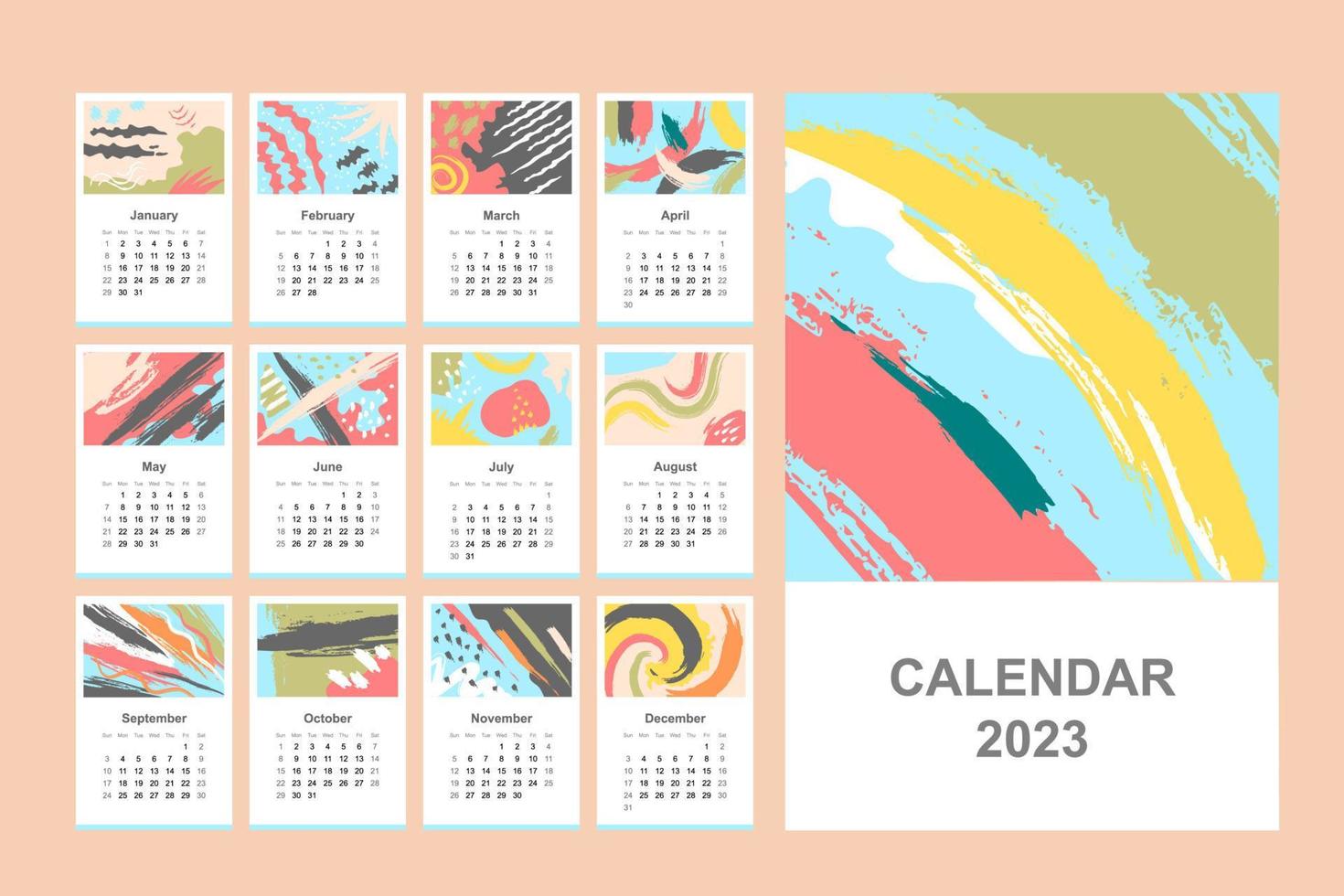 modèle de conception de calendrier avec style de trait de pinceau dessiné à la main vecteur