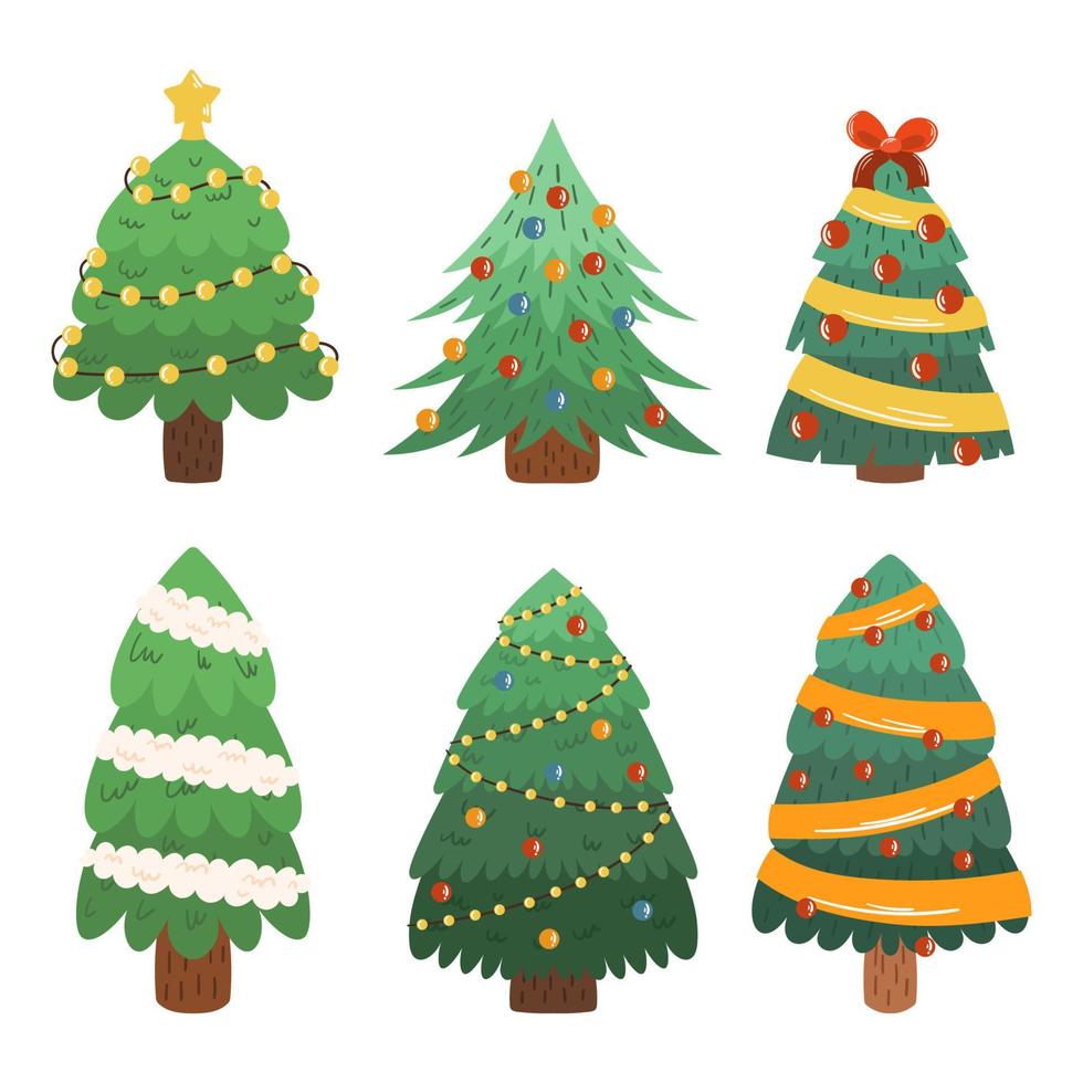 collection d'arbres de noël de dessin animé plat. décoré de pins et de sapins avec guirlande lumineuse, boules et rubans. vacances d'hiver pour carte de voeux. vecteur