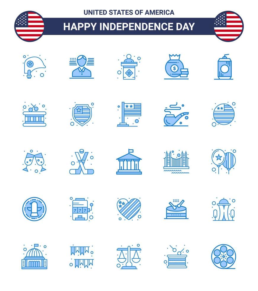 4 juillet usa joyeux jour de l'indépendance icône symboles groupe de 25 blues moderne de bouteille de boisson élection sac américain modifiable usa day vector design elements