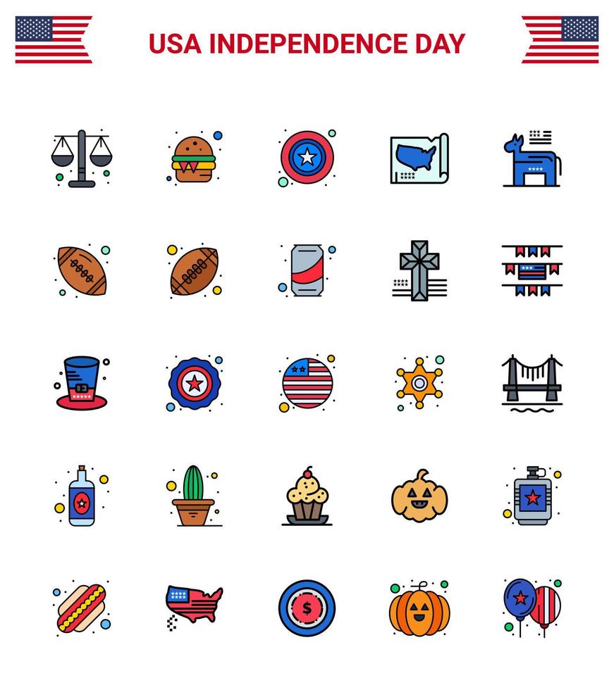 gros paquet de 25 usa joyeux jour de l'indépendance usa vecteur lignes remplies à plat et symboles modifiables des hommes américains usa unis carte modifiable usa jour vecteur éléments de conception