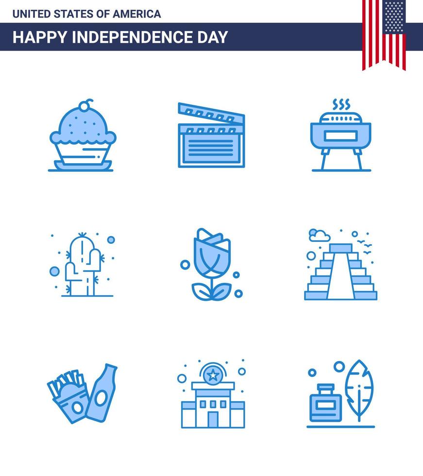 joyeux jour de l'indépendance usa pack de 9 blues créatifs de fleur plante usa fleur vacances modifiables usa jour vecteur éléments de conception