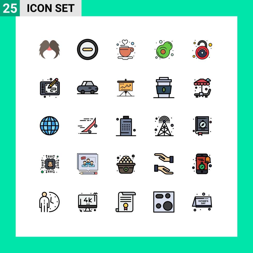 groupe de 25 signes et symboles de couleurs plates à lignes remplies pour des éléments de conception vectoriels modifiables pour le petit déjeuner de friture de café public dangereux vecteur