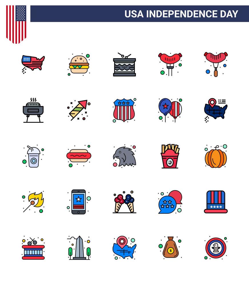 plat rempli ligne pack de 25 symboles de la fête de l'indépendance des états-unis de festivité barbecue instrument saucisse nourriture modifiable usa day vector design elements