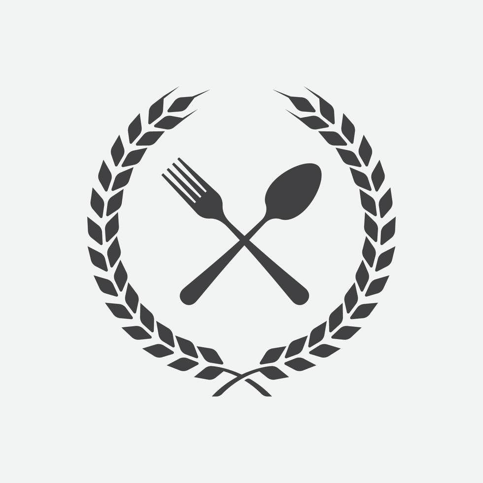 cuillère et fourchette avec icône de couronne de laurier, symbole croisé, illustration vectorielle linéaire de restaurant, symbole de restaurant, vecteur d'icône de cuisine