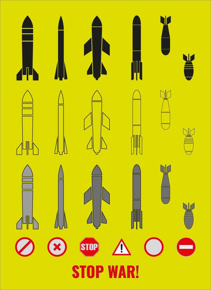 ensemble d'icônes de diverses bombes, missiles et signes de symboles anti-guerre. constructeur. l'illustration vectorielle d'arrêt de guerre d'inscription. vecteur