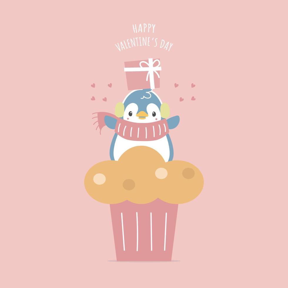 mignon et charmant pingouin dessiné à la main tenant un cadeau et un cupcake avec coeur, joyeuse saint valentin, concept d'amour, illustration vectorielle plane conception de costumes de personnage de dessin animé vecteur