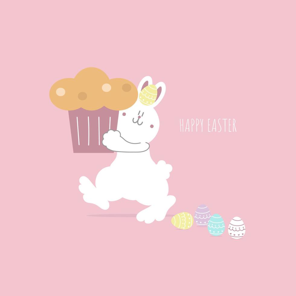 joyeuses fêtes de pâques avec lapin animal de compagnie et oeuf, couleur pastel, personnage de dessin animé d'illustration vectorielle plane vecteur