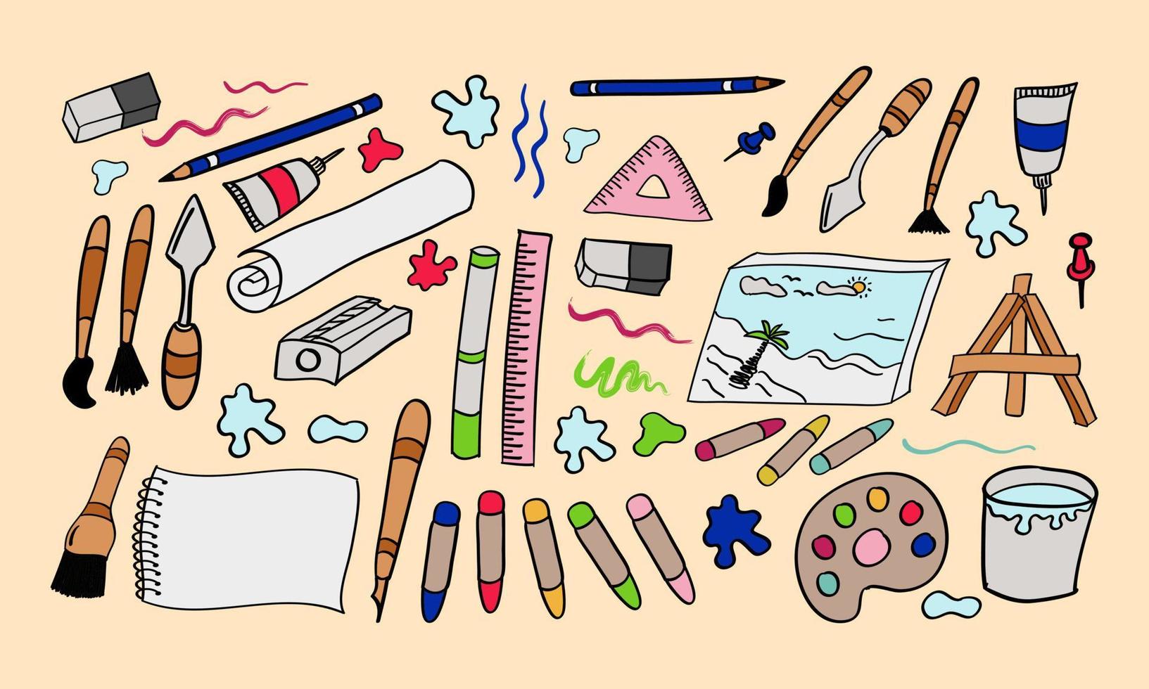 icône d'outils d'artiste dessinés à la main dans le style doodle vecteur