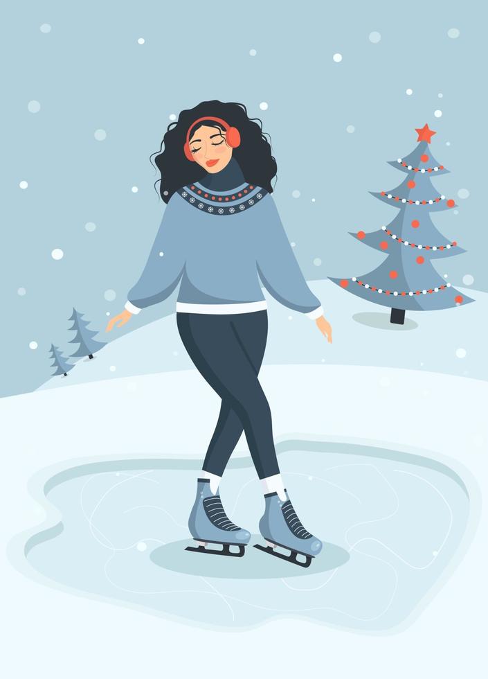 carte de voeux festive bonjour hiver avec paysage, jolie fille patinage sur glace. vecteur