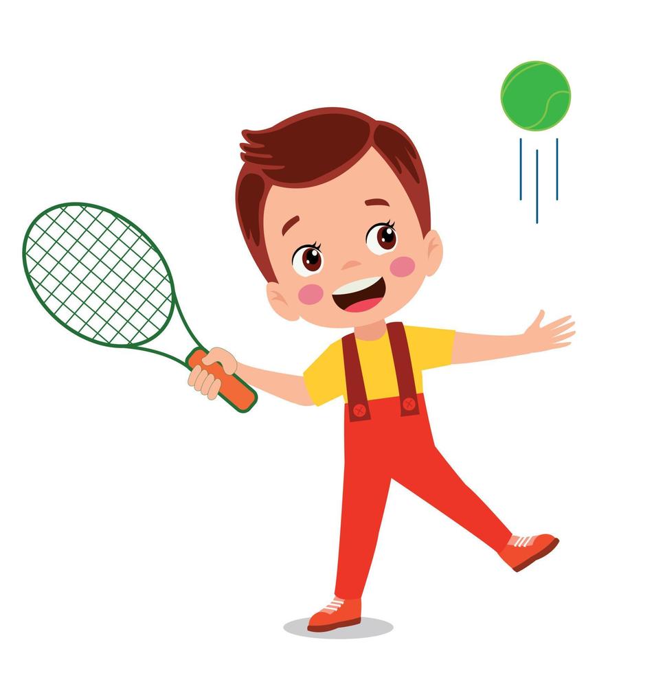 heureux mignon enfant garçon jouer train tennis vecteur