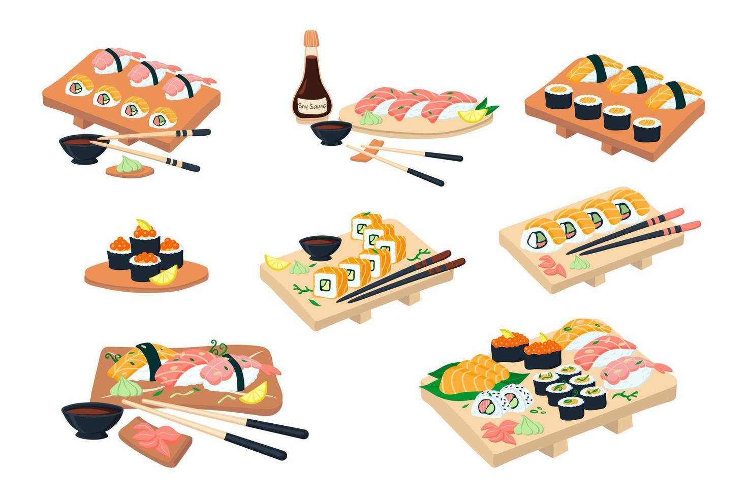 grand ensemble de sushis sur une assiette en bois. illustration vectorielle vecteur