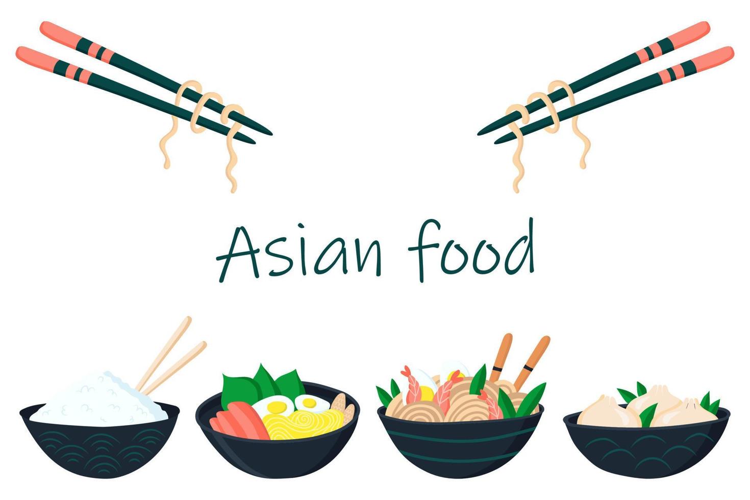 cuisine asiatique sur assiettes et baguettes en bois avec nouilles. illustration vectorielle vecteur