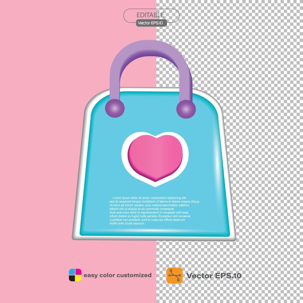 icône de sac à provisions avec amour illustration vectorielle 3d vecteur