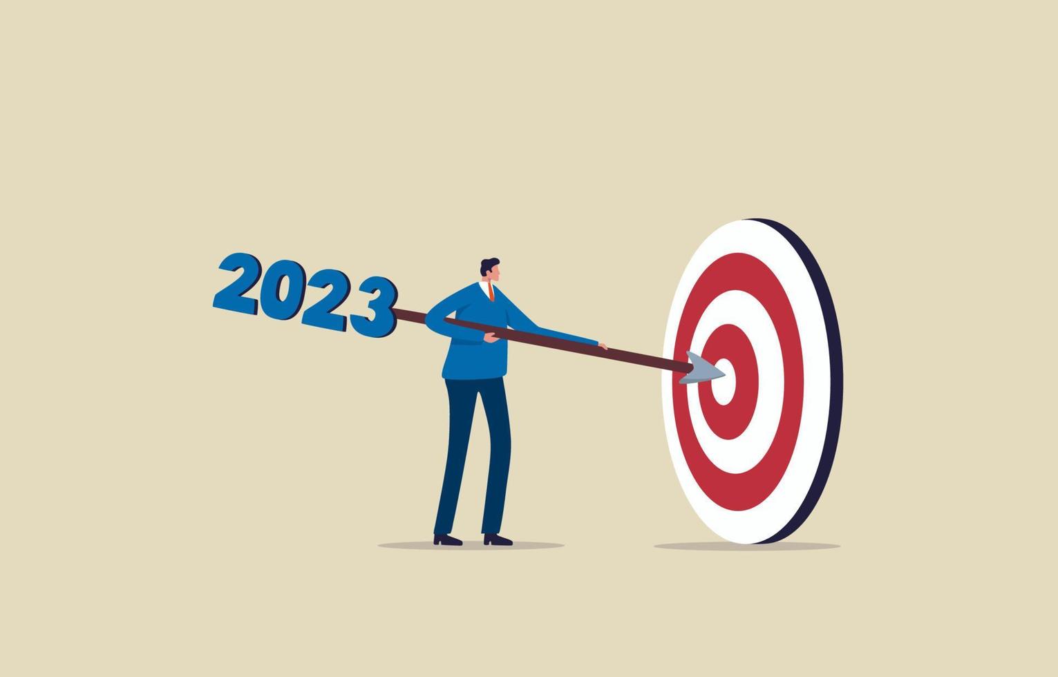 atteindre les objectifs commerciaux en 2023. viser la réussite commerciale. homme d'affaires détenant une fléchette visant la cible bullseye. illustration vecteur
