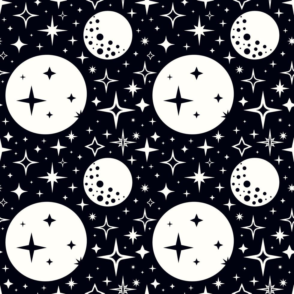 motif monochrome avec lune et étoiles dans le style des années 50 vecteur