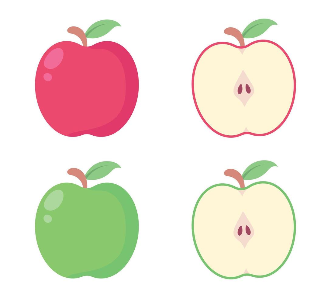 ensemble de vecteur de dessin animé de pomme rouge et vert coloré. pomme au design plat simple. nourriture végétarienne et écologique. nourriture saine. pomme douce. fruits tropicaux.