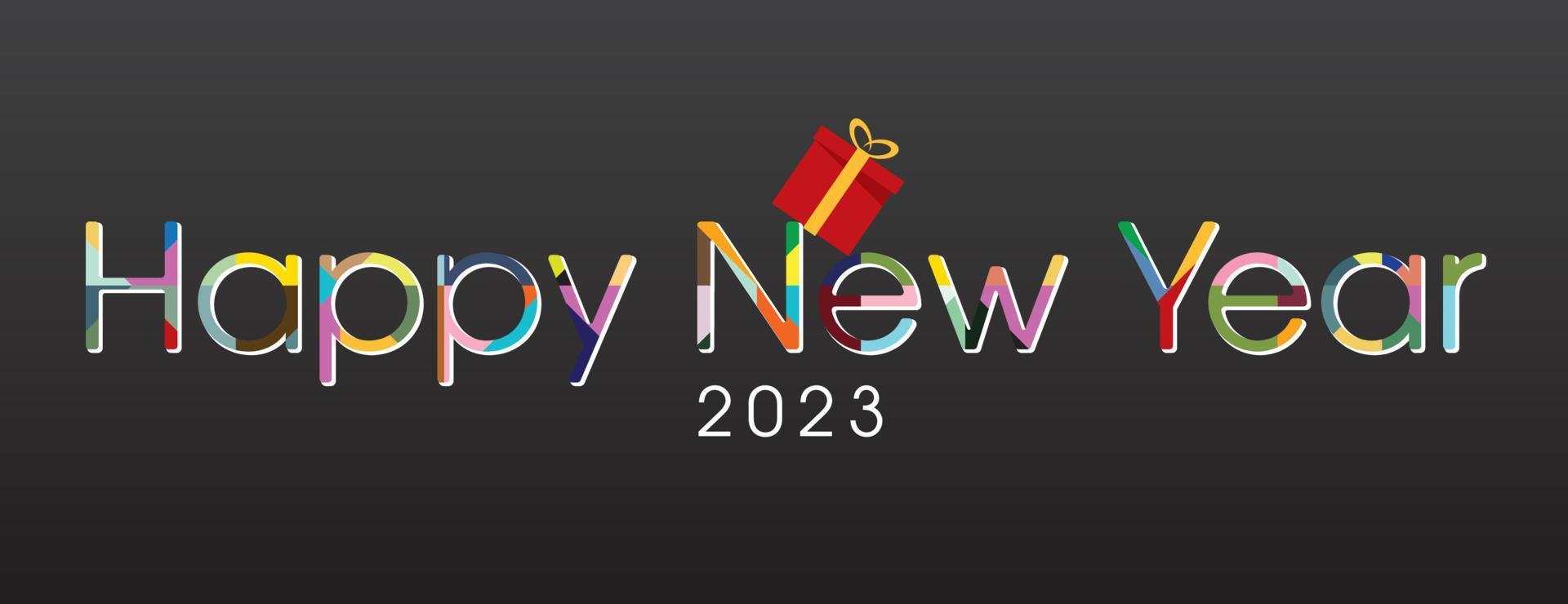 bonne année 2023 lettrage coloré avec boîte-cadeau sur fond sombre. vecteur