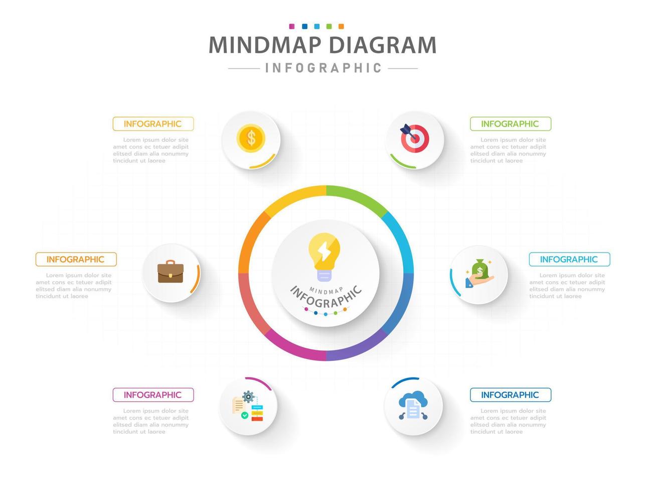 modèle d'infographie pour les entreprises. Diagramme de carte mentale moderne en 6 étapes avec cercles et titres de sujets, infographie vectorielle de présentation. vecteur