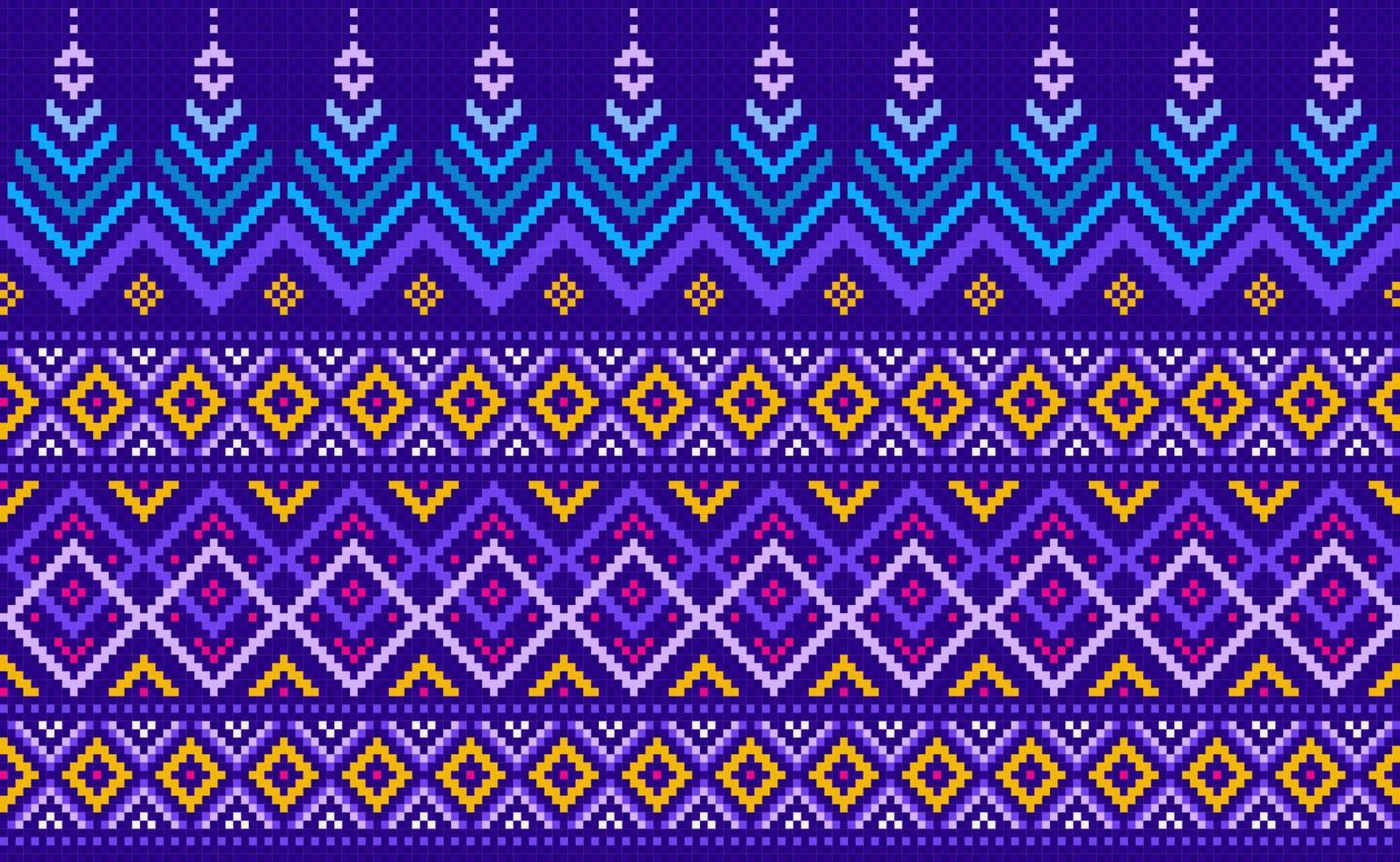 motif ethnique géométrique, arrière-plan orné de broderie vectorielle, style zigzag rétro pixel bleu et jaune vecteur