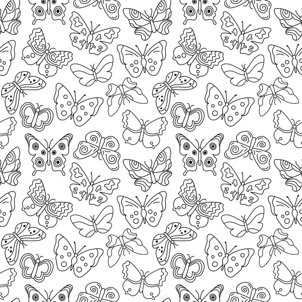 motif de papillons. fond transparent noir et blanc avec des insectes volants doodle. illustration vectorielle répétée pour les dessins, le textile, le tissu, le papier d'emballage vecteur