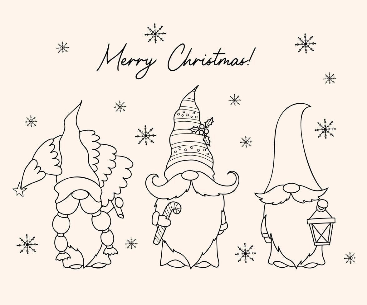 collection de mignons gnomes scandinaves. gnome d'hiver avec sapin de noël, lanterne et bâton de caramel. illustration vectorielle. dessin à la main linéaire dans un style doodle. personnages de noël de dessin animé isolés. vecteur