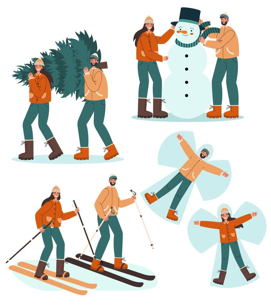 jeune couple est engagé dans des activités hivernales. homme et femme souriants skiant, portant un sapin de noël, faisant des anges de neige et un bonhomme de neige. concept de divertissements d'hiver. vecteur
