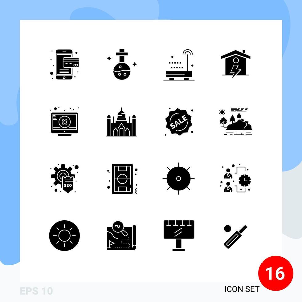 ensemble moderne de 16 glyphes et symboles solides tels que l'écran d'erreur radio power house éléments de conception vectoriels modifiables vecteur