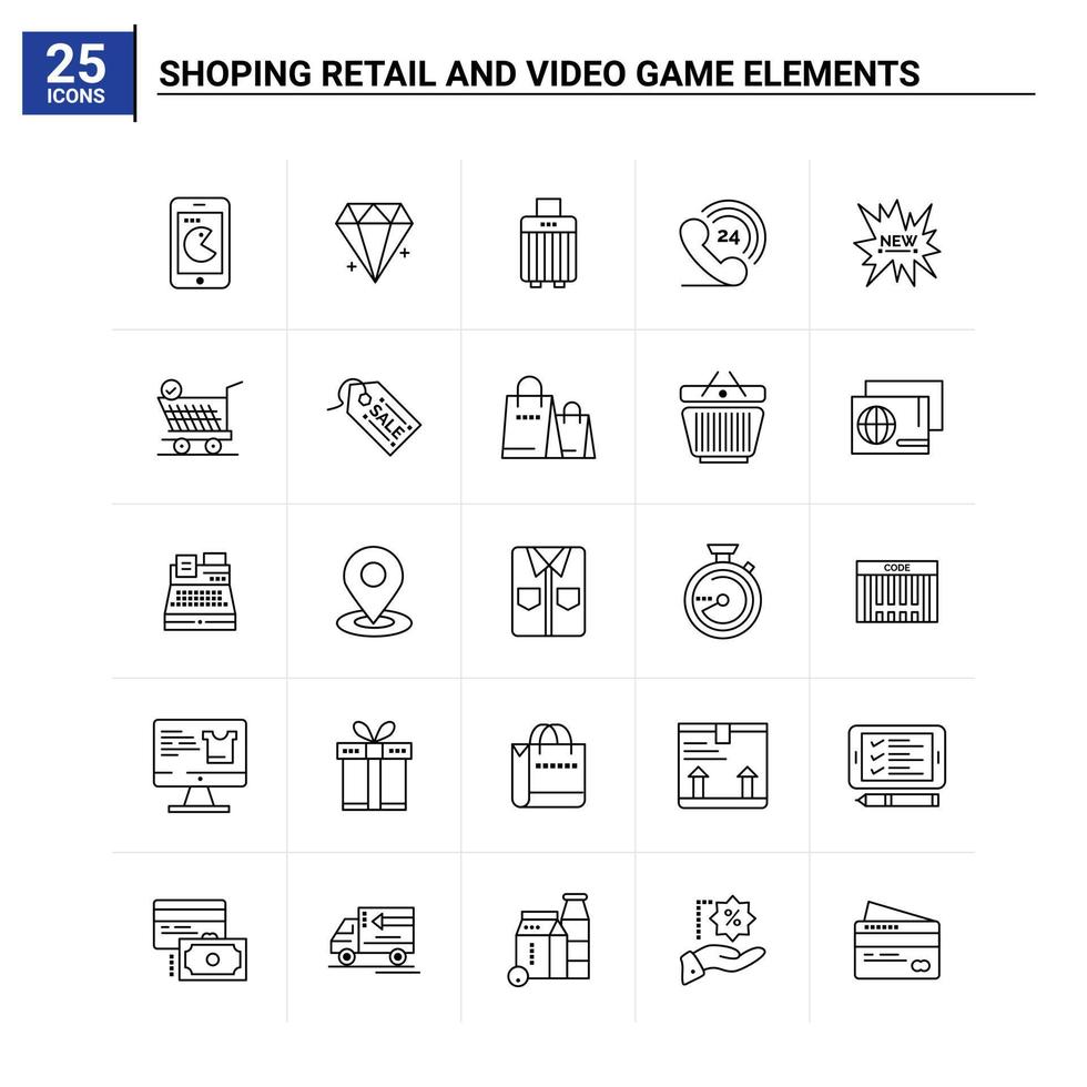 25 éléments de vente au détail et de jeu vidéo icon set vector background