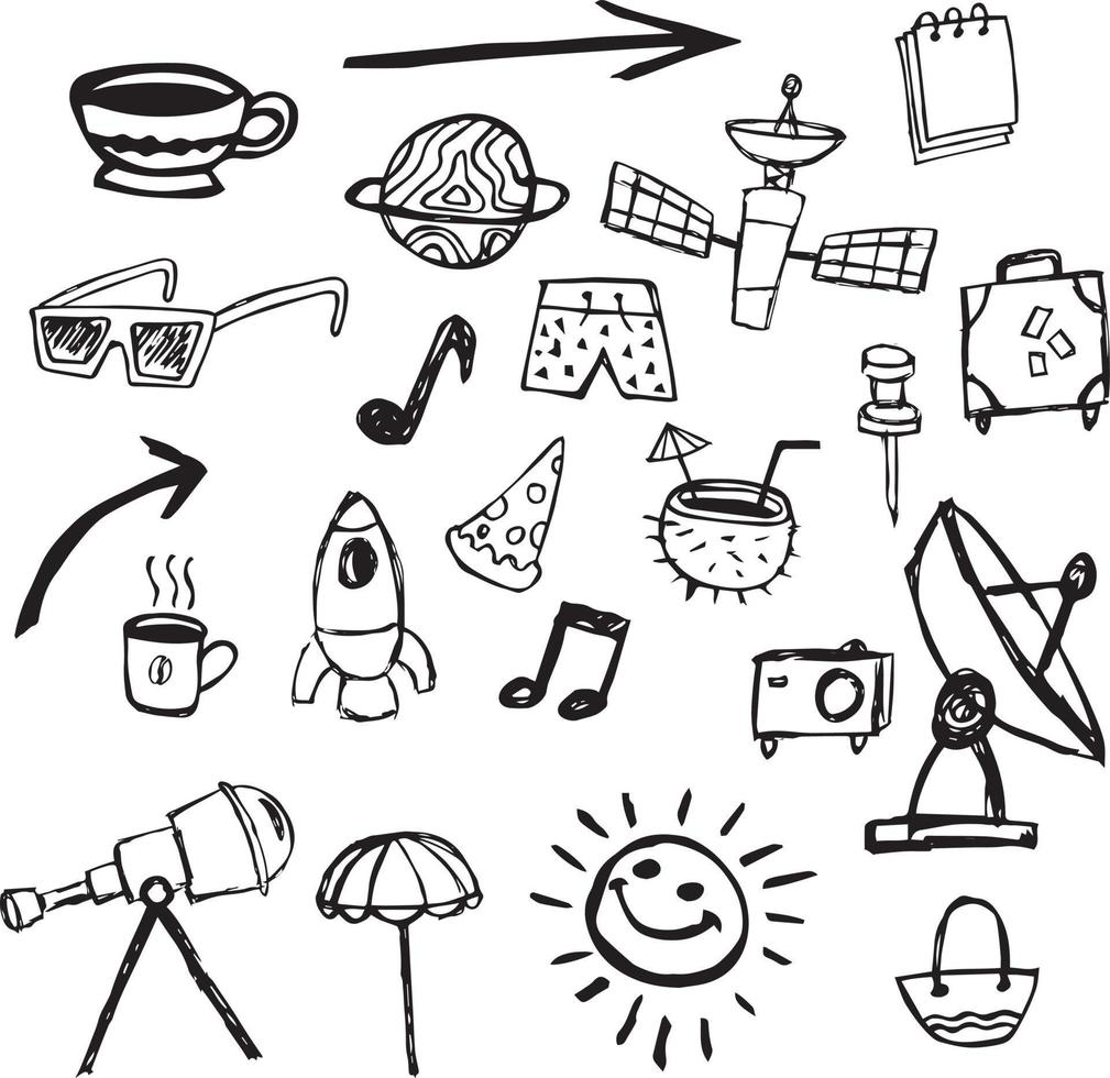 tasse, jus de noix de coco, antenne parabolique, sac de plage, télescope, valise de voyage, parapluie, carnet de notes, flèche, lunettes de soleil, jeu d'icônes de doodle aléatoire dessiné à la main vecteur