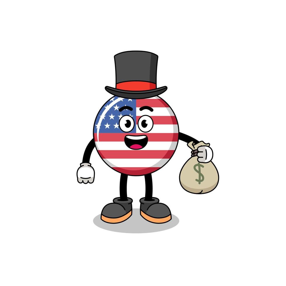 illustration de la mascotte du drapeau des états unis homme riche tenant un sac d'argent vecteur