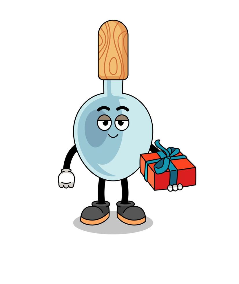 illustration de mascotte de cuillère de cuisine donnant un cadeau vecteur