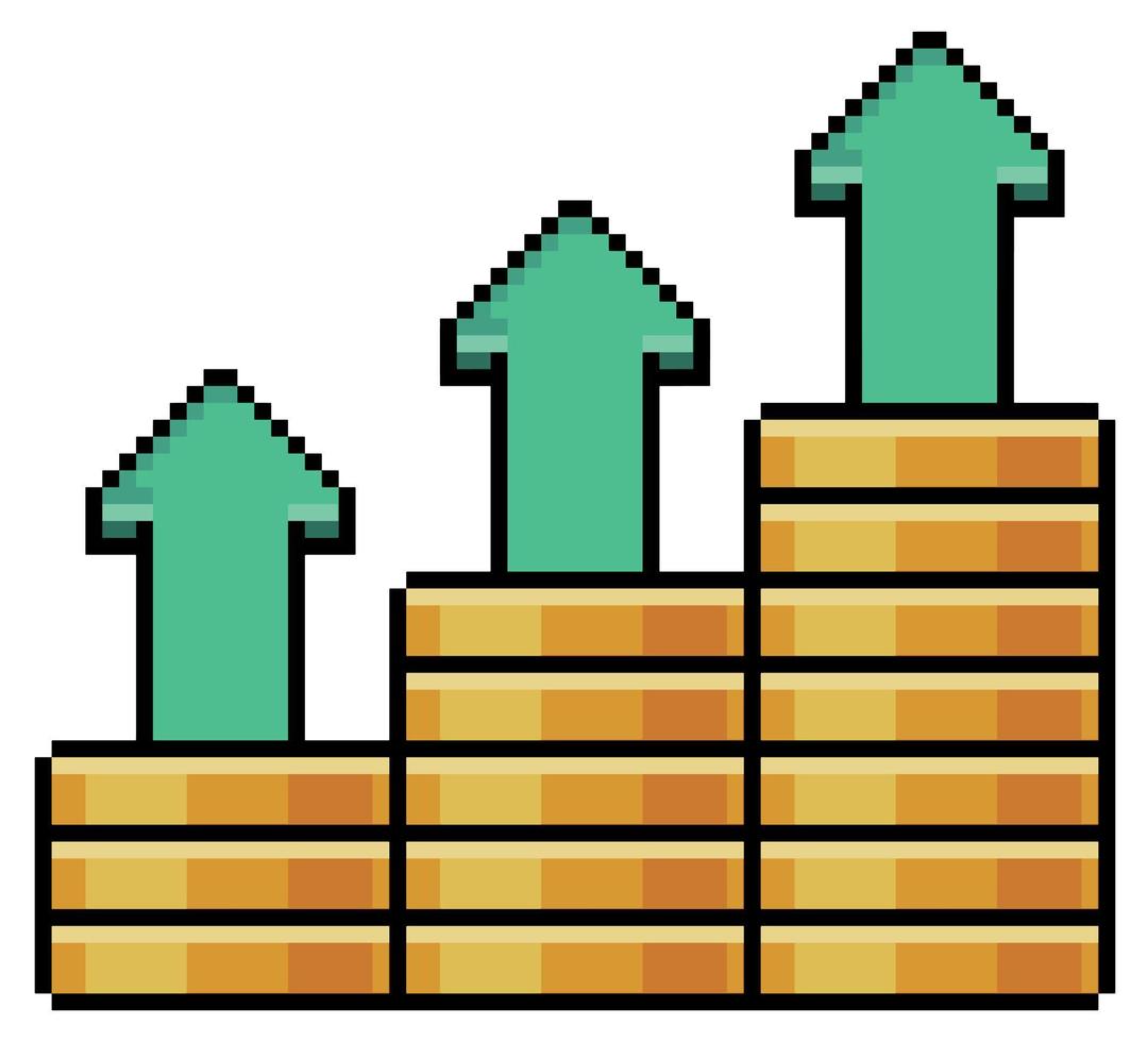 pixel art pile de pièces avec icône de vecteur de graphique d'évaluation pour le jeu 8bit sur fond blanc