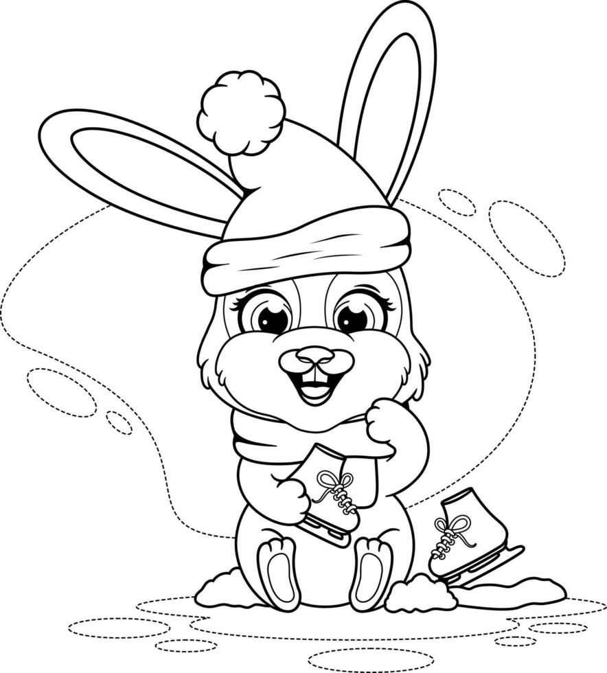 coloriage. mignon lapin d'hiver avec des patins vecteur