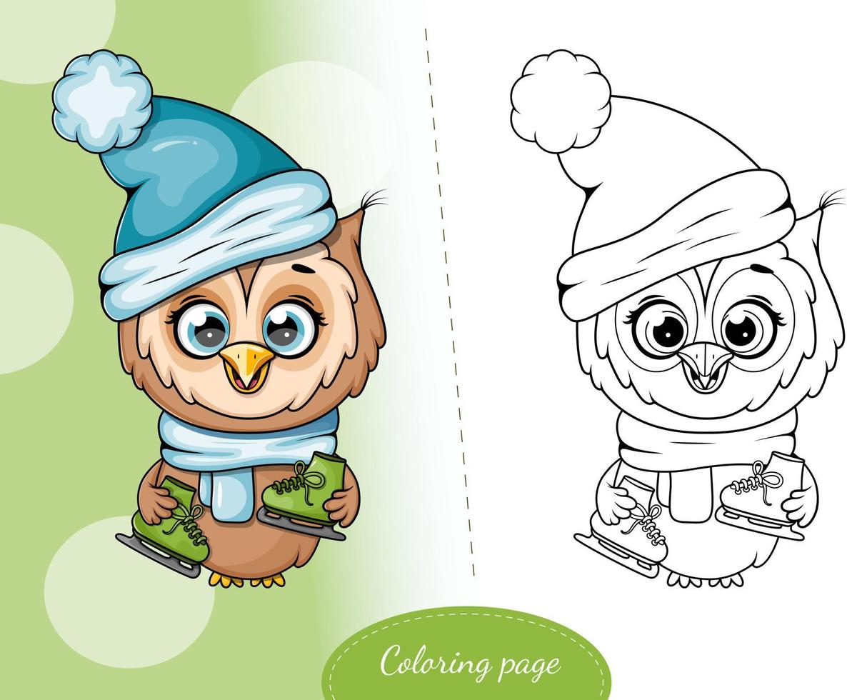 coloriage. hibou de dessin animé avec chapeau d'hiver, écharpe et patins vecteur