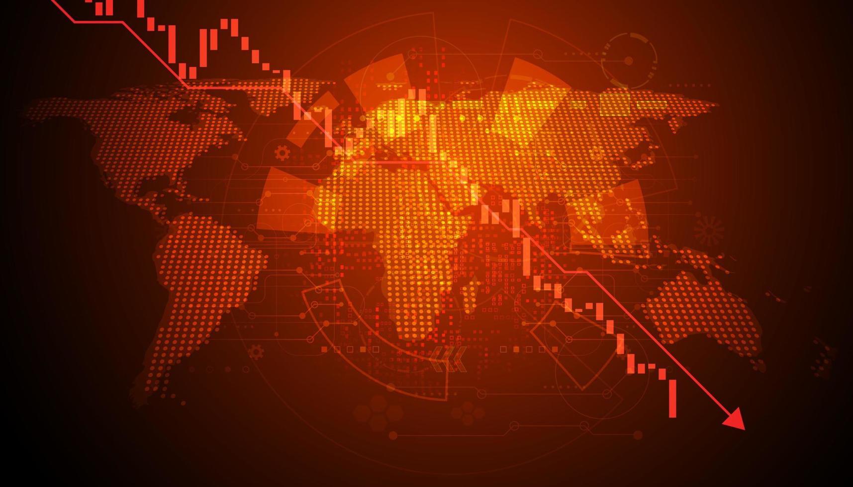 les points de la carte abstraite et les graphiques boursiers sont en baisse ou le marché baissier ou le tapis tirent le marché est en baisse. sur fond rouge orangé. vecteur