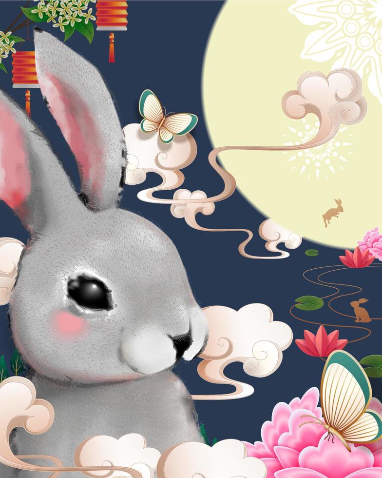 affiche du joyeux festival de la mi-automne avec un lapin pelucheux gris géant sur fond bleu vecteur