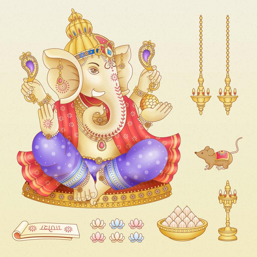 collections de symboles du festival ganesh chaturthi sur fond beige vecteur