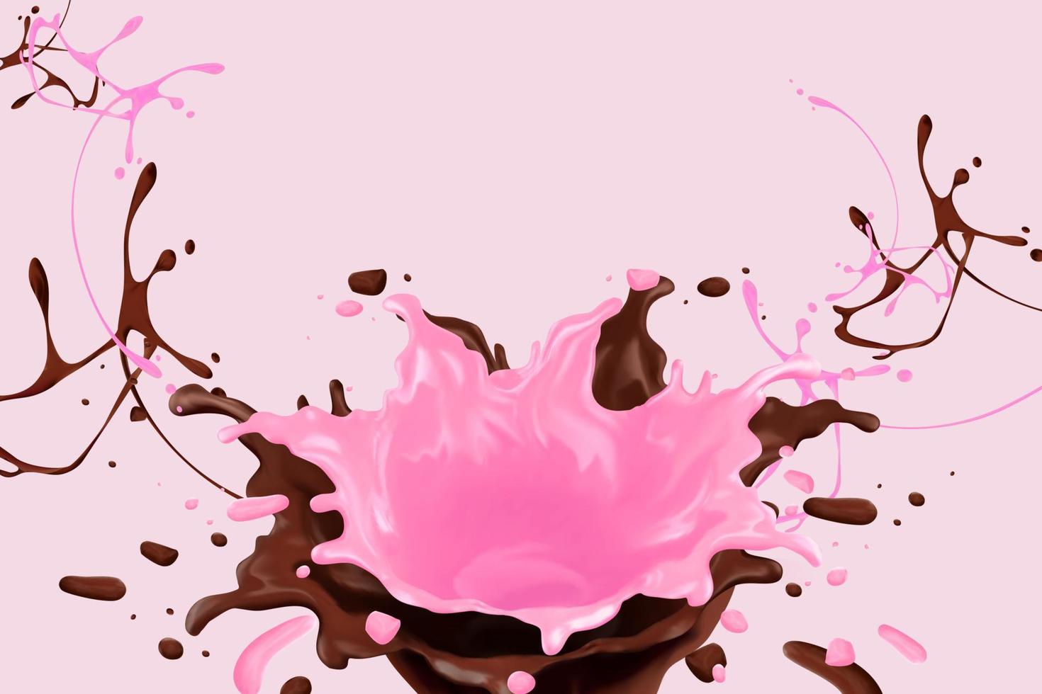 sauce au chocolat et aux fraises éclaboussant dans l'air, illustration 3d vecteur