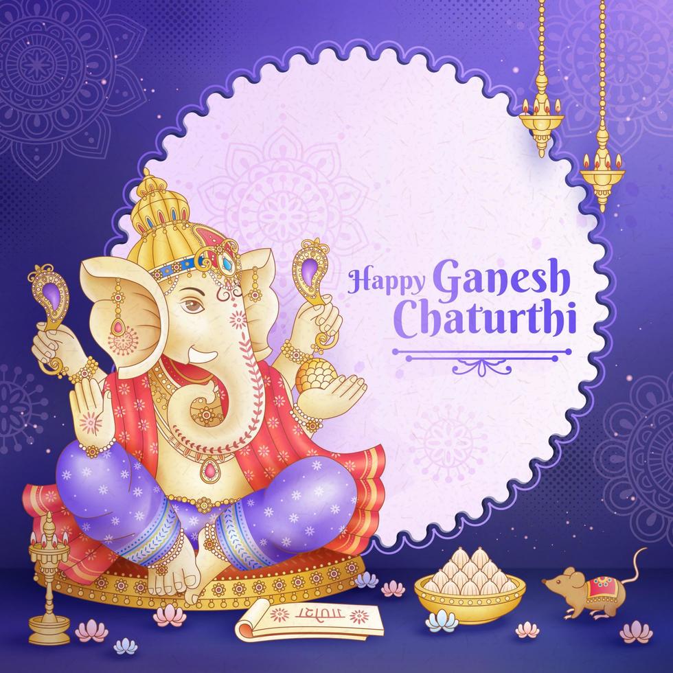 conception heureuse de ganesh chaturthi avec le dieu ganesha tenant un instrument rituel sur fond violet vecteur