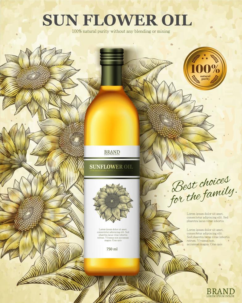 annonces d'huile de fleur de soleil en illustration 3d sur fond de jardin de tournesol de style élégant gravure sur bois vecteur