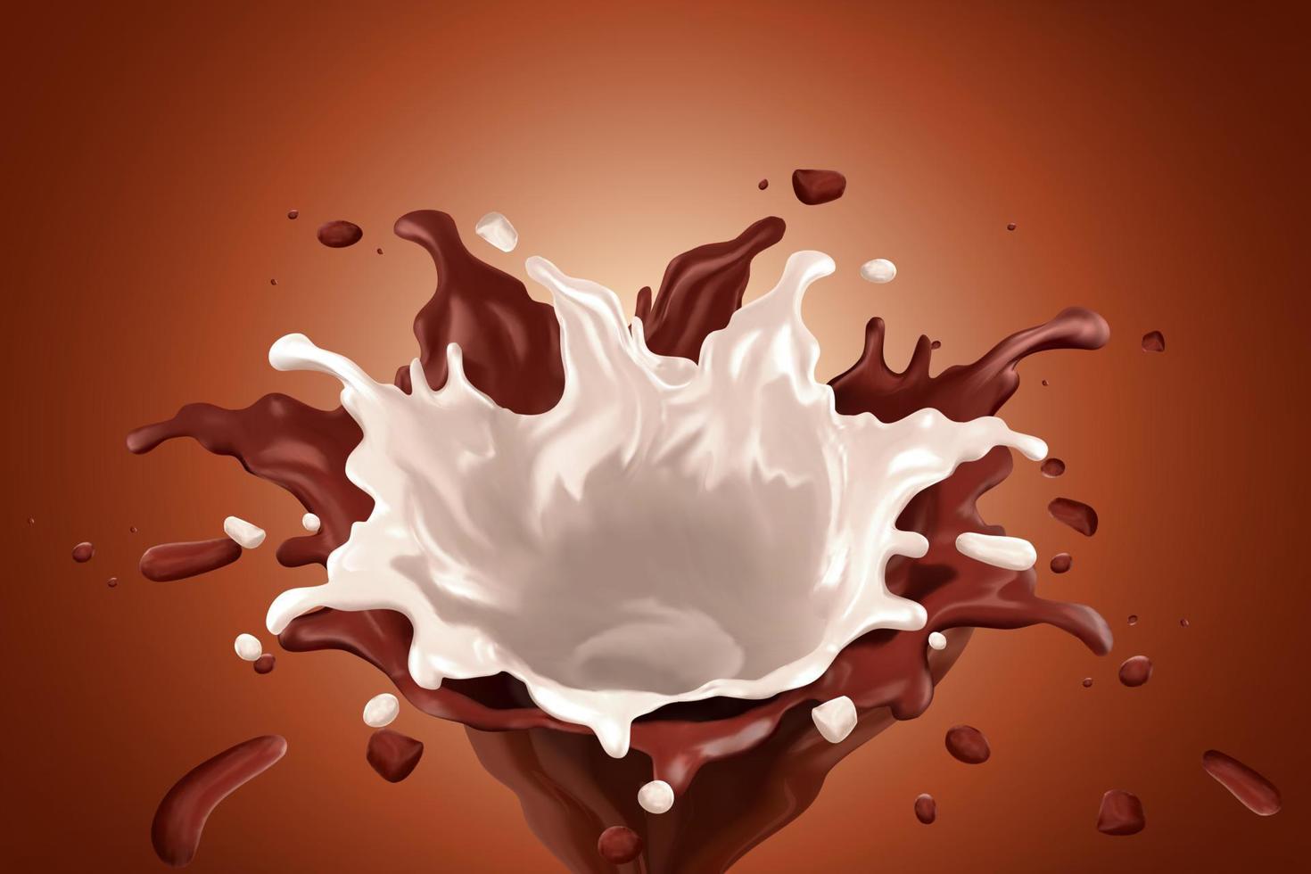sauce aux éclaboussures de chocolat avec du lait en illustration 3d sur fond marron vecteur