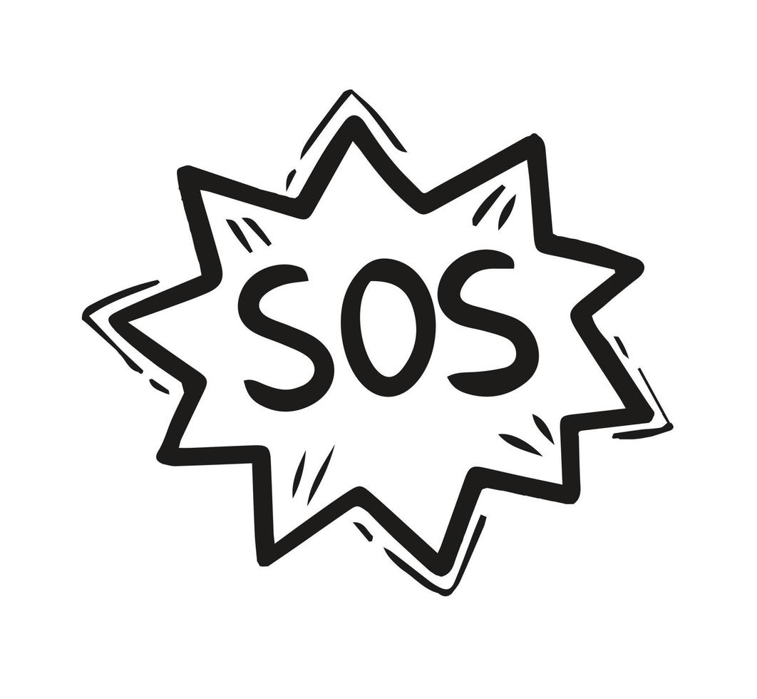 conception de signe d'étiquette sos. symbole de signal d'urgence. vecteur de style dessiné à la main de dessin animé.