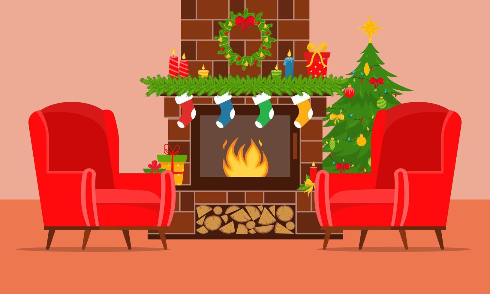 cheminée en brique avec un sapin de noël, des bougies, des cadeaux et une couronne. intérieur cosy avec cheminée et fauteuils. illustration vectorielle. vecteur