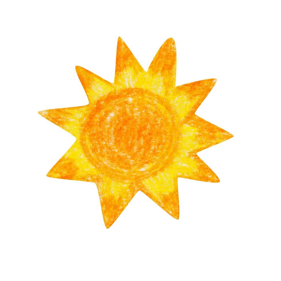 le soleil dessiné à la main avec des crayons de couleur. style bande dessinée. isolé sur fond blanc vecteur