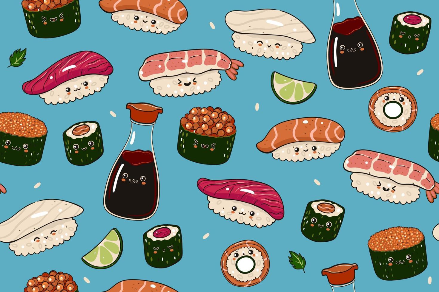 modèle sans couture avec sushi kawaii, gunkans, maki et sauce soja. graphiques vectoriels. vecteur