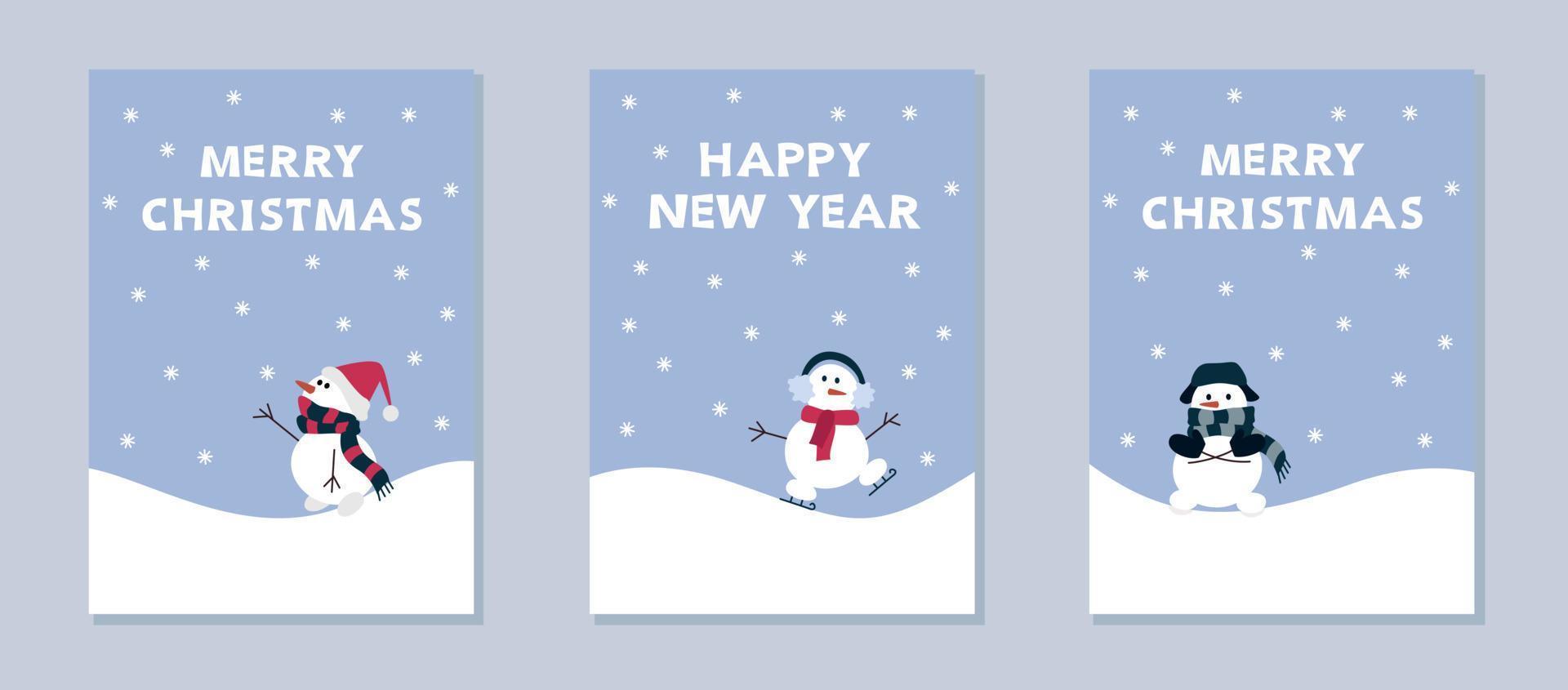 jeu de cartes de noël avec de mignons bonhommes de neige drôles. joyeux noël et bonne année lettrage. vecteur