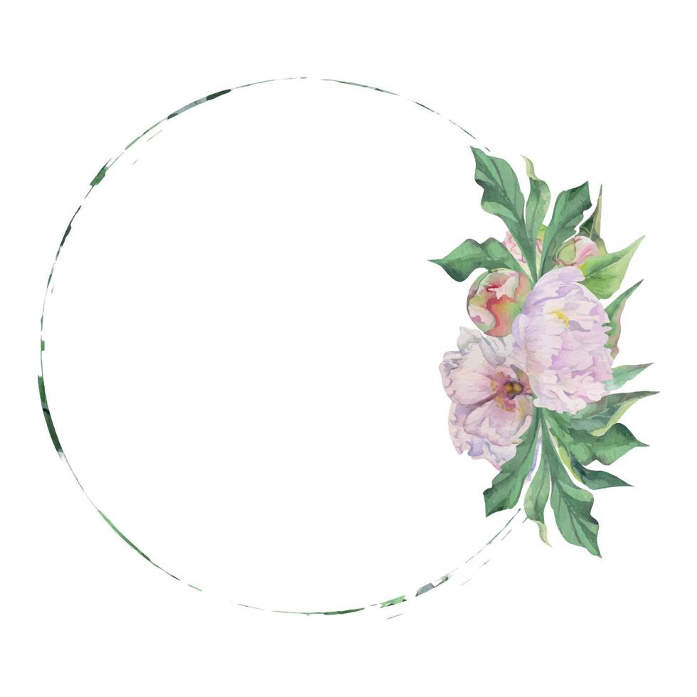 arrangement de cadre de cercle aquarelle avec des fleurs, des bourgeons et des feuilles de pivoine rose délicate dessinés à la main. isolé sur fond blanc. pour les invitations, les mariages, les cartes d'amour ou de voeux, le papier, l'impression, le textile vecteur